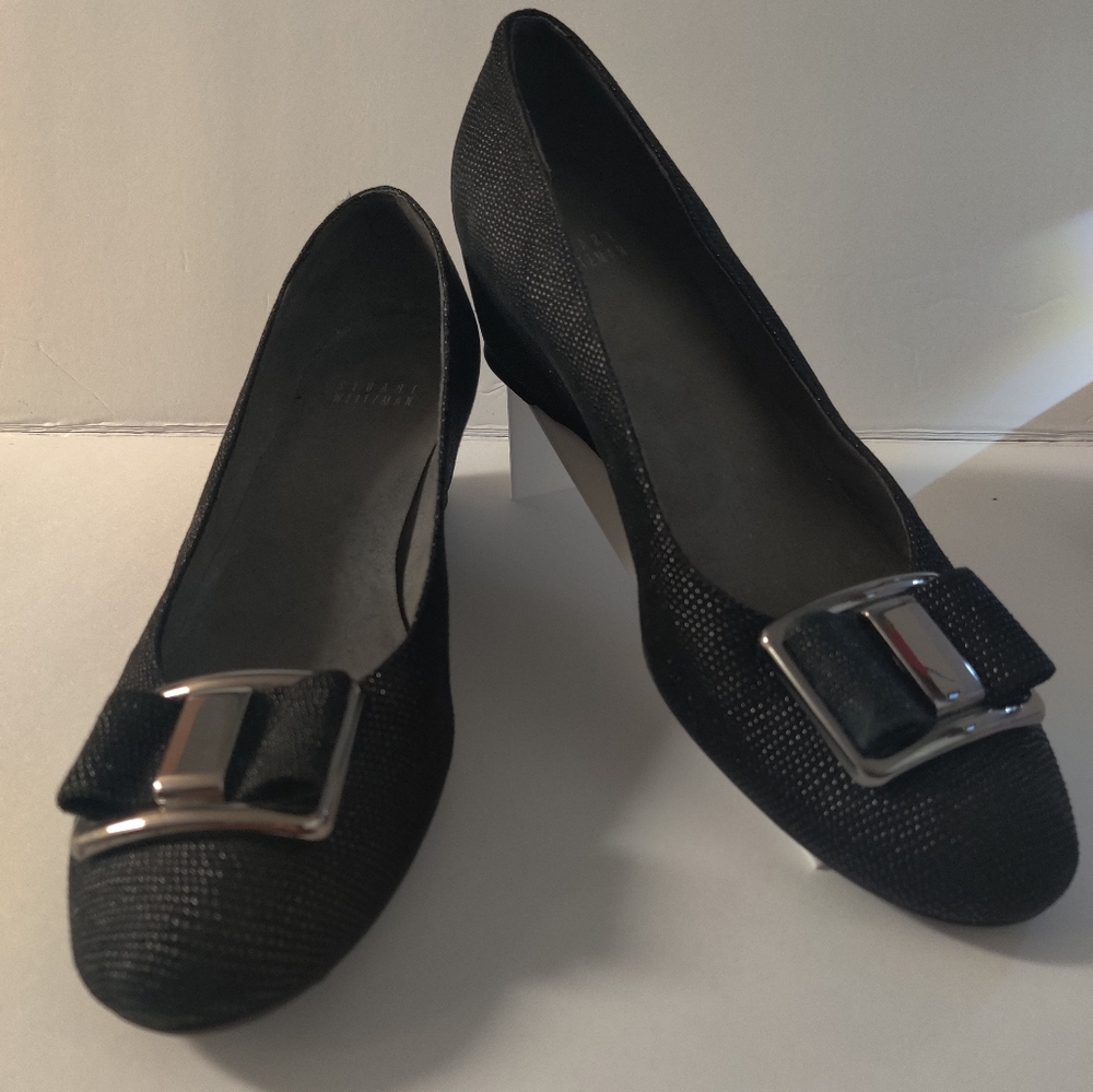 Stuart Weitzman Black Textured Flats with Silver Buckle